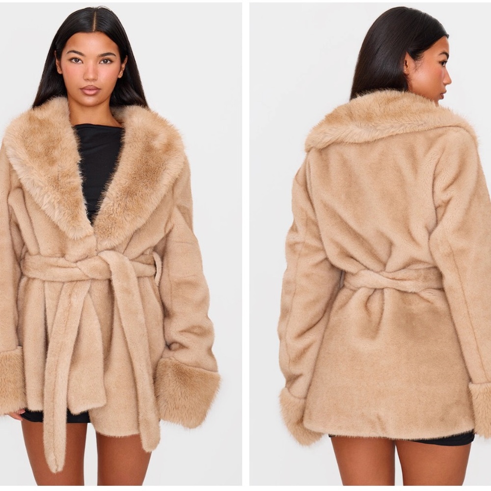 PrettyLittleThing Tan Teddy Jacket with Oversized Fit and Tie Belt